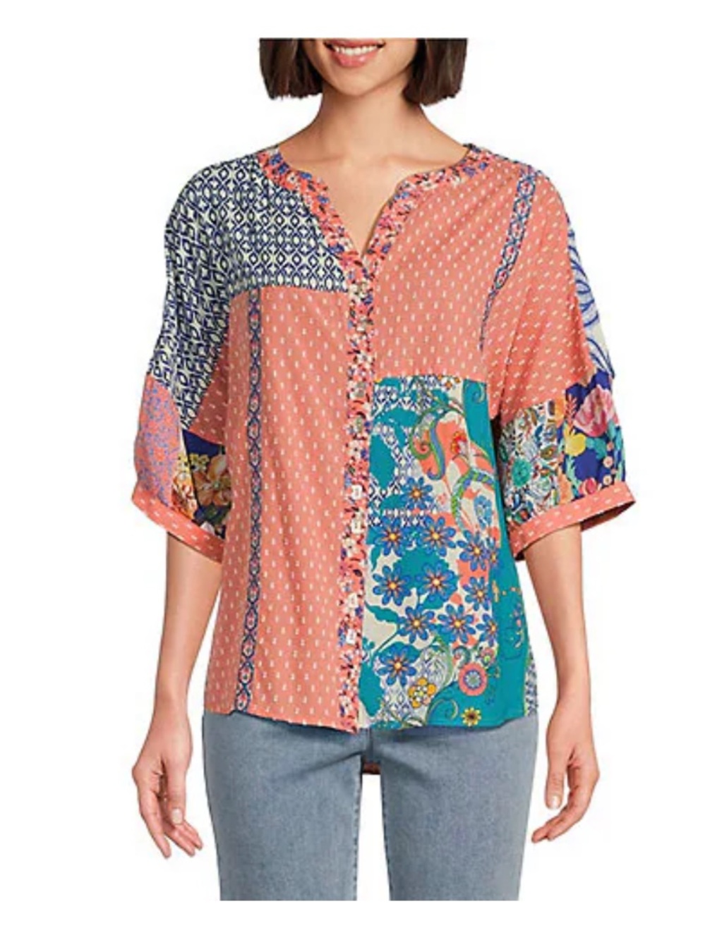 John Mark Mixed Print Blouse Colorful Patchwork Button Front Top Size M